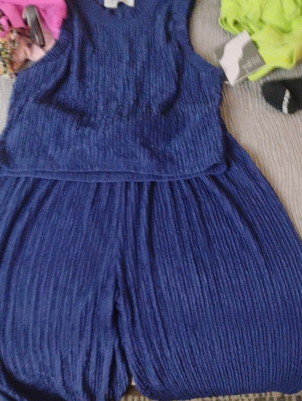 Women's Navy Blue Textured Flare Jumpsuit - Unbranded